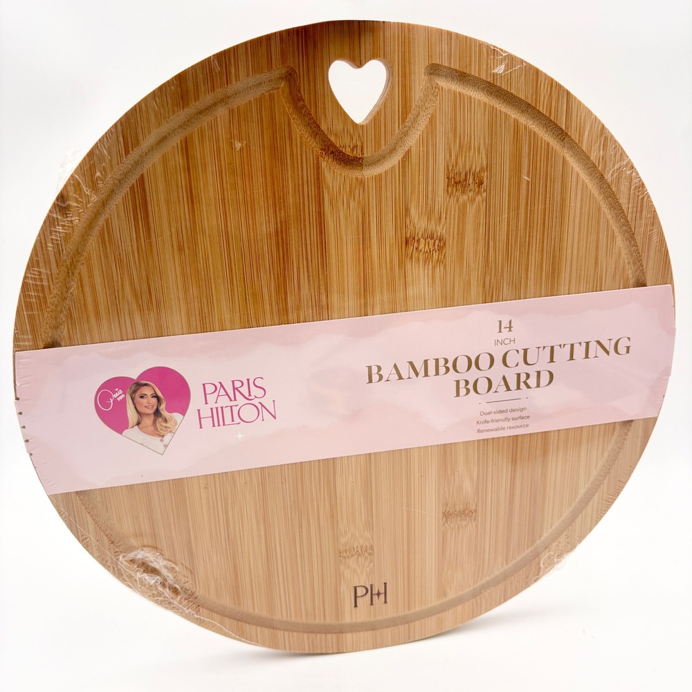 Paris Hilton 14 Inch Round Bamboo Cutting Board Heart Cutout